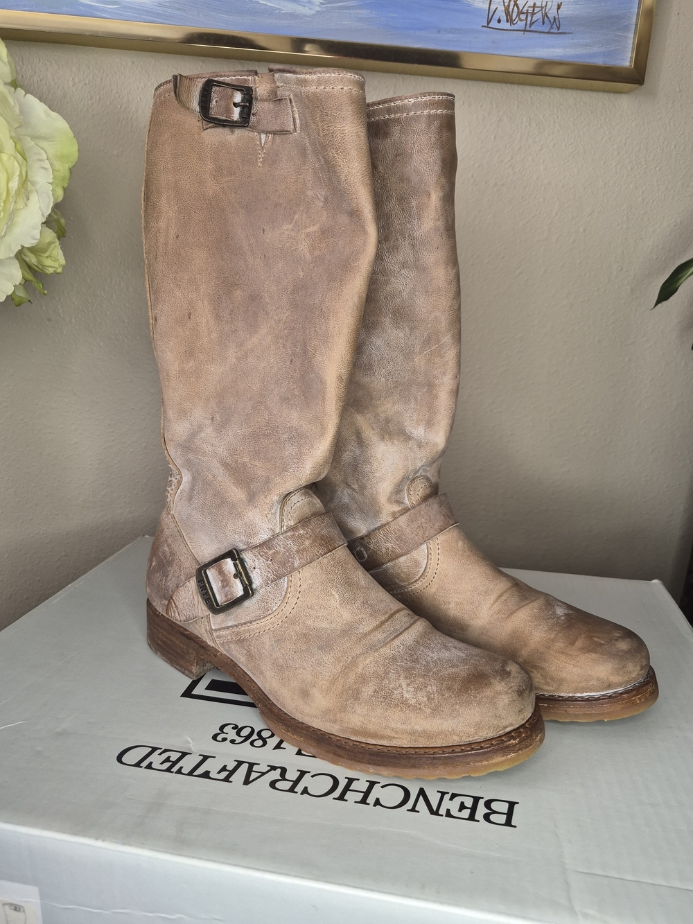 Frye Tan Leather Veronica Slouch Mid-Calf Boots with Buckle Straps